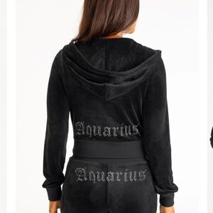 Juicy Couture Velour Black Tracksuit Aquarius Zodiac Set Hoodie & Pants Size S
